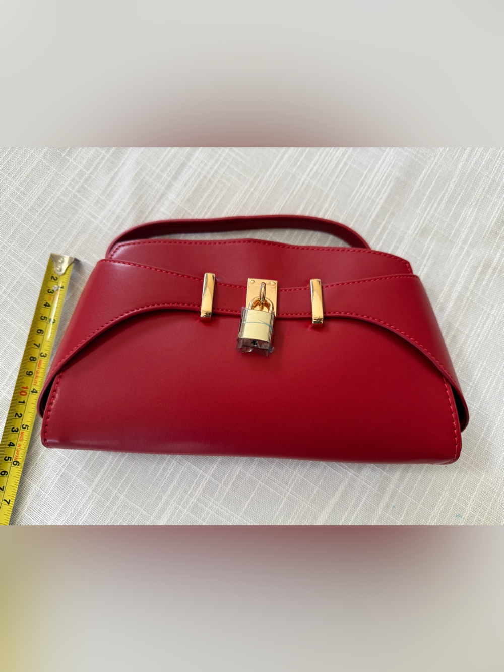 Red Top-Handle Satchel with Gold Lock Detail - Picture 8 of 11